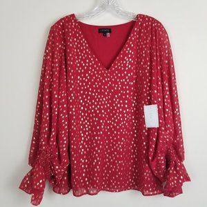 NWT 1.State Peasant Top V Neck Balloon Sleeve Red Gold Shimmer Accent